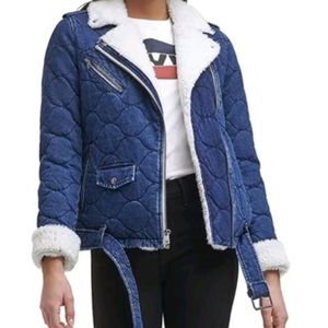 Levi’s Quilted Denim Sherpa Lined Moto Jacket Belted Acid Wash Size Medium NWT